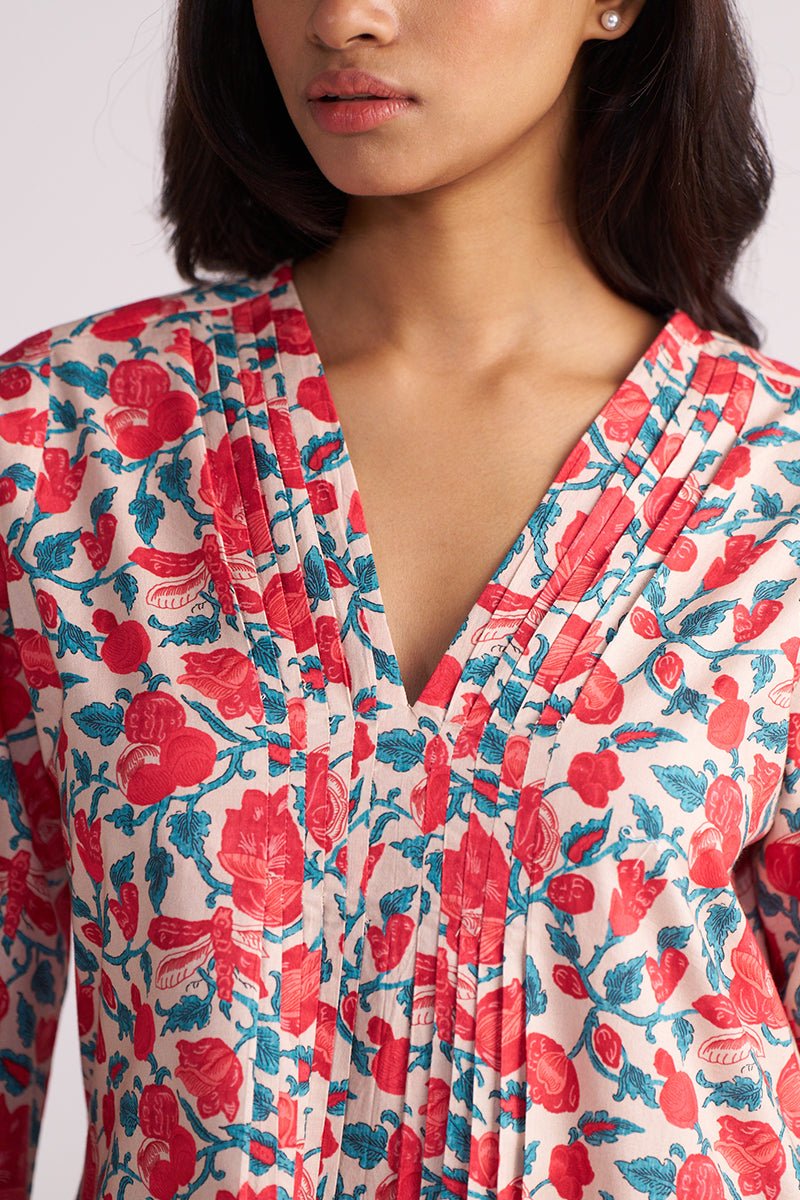 Beige and Red Cotton Print Co-ord Set