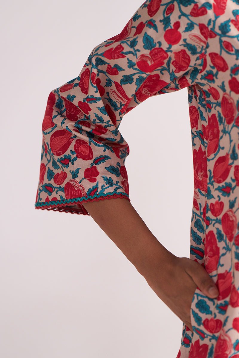 Beige and Red Cotton Print Co-ord Set