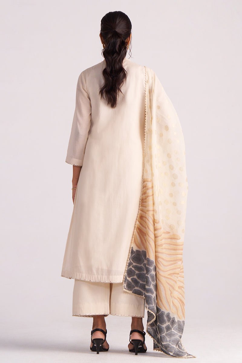 Beige Mul-Chanderi Embroidered Kurta Set