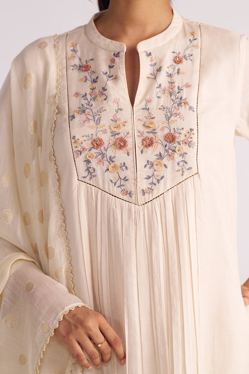 Beige Mul-Chanderi Embroidered Kurta Set