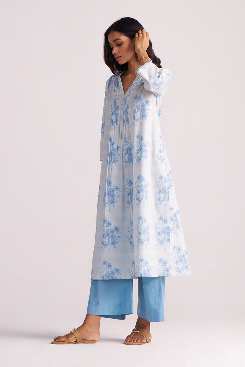 Cream and Dusty Blue Hand-Print Cotton Co-ord Set