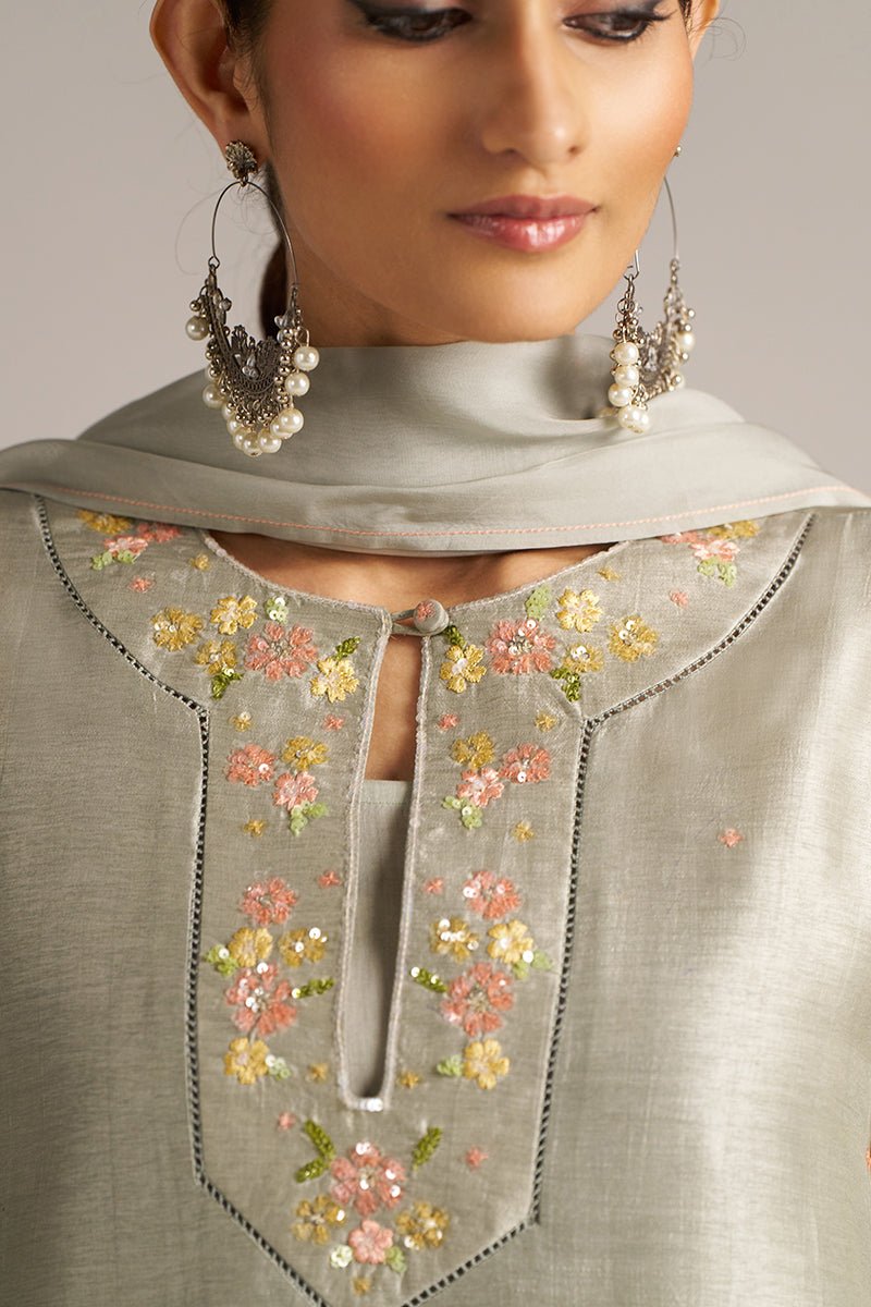 Seagrass Grey Raw Silk Festive Kurta Set