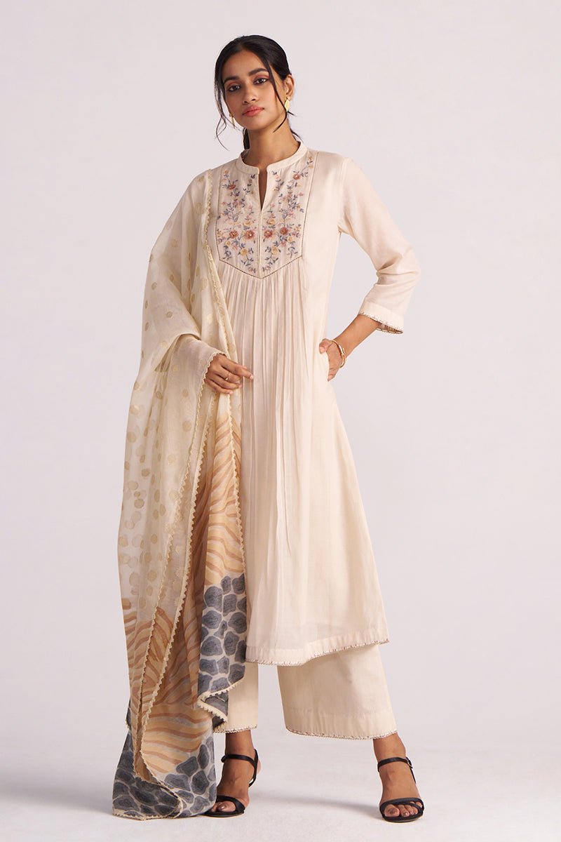 Beige Mul-Chanderi Embroidered Kurta Set