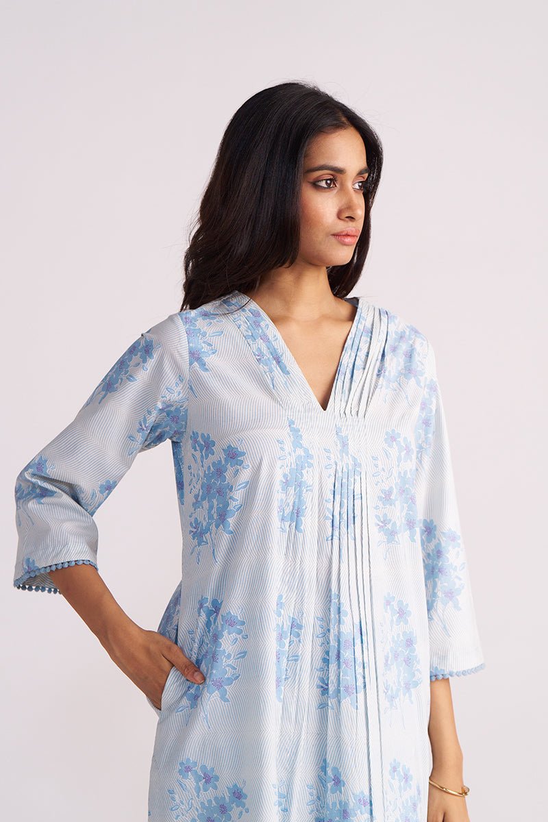 Cream and Dusty Blue Hand-Print Cotton Co-ord Set