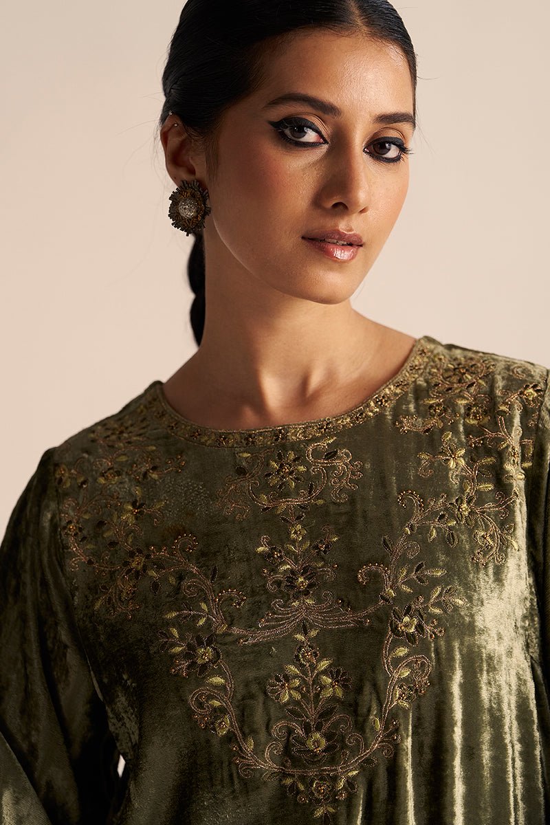 Deep Lichen Green Velvet Festive Kurta Set