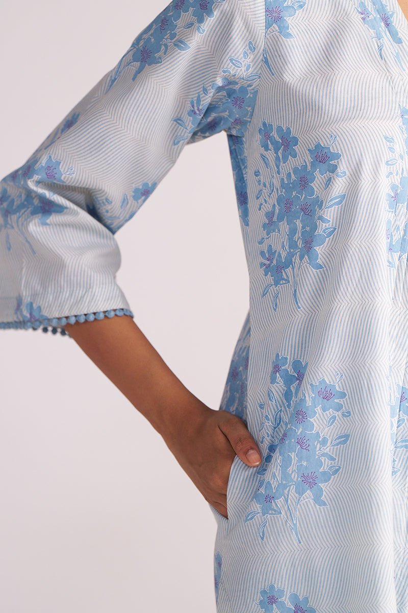 Cream and Dusty Blue Hand-Print Cotton Co-ord Set