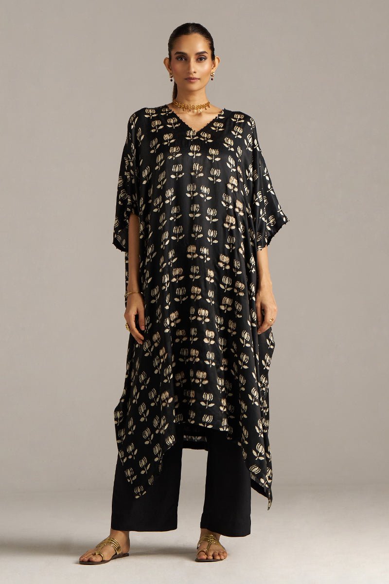 Black Lotus Print Gaji Silk Festive Kaftaan Set ( Co-ord Set )