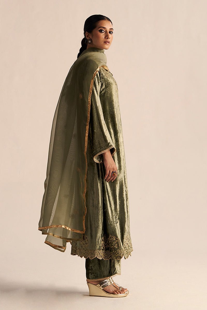 Deep Lichen Green Velvet Festive Kurta Set