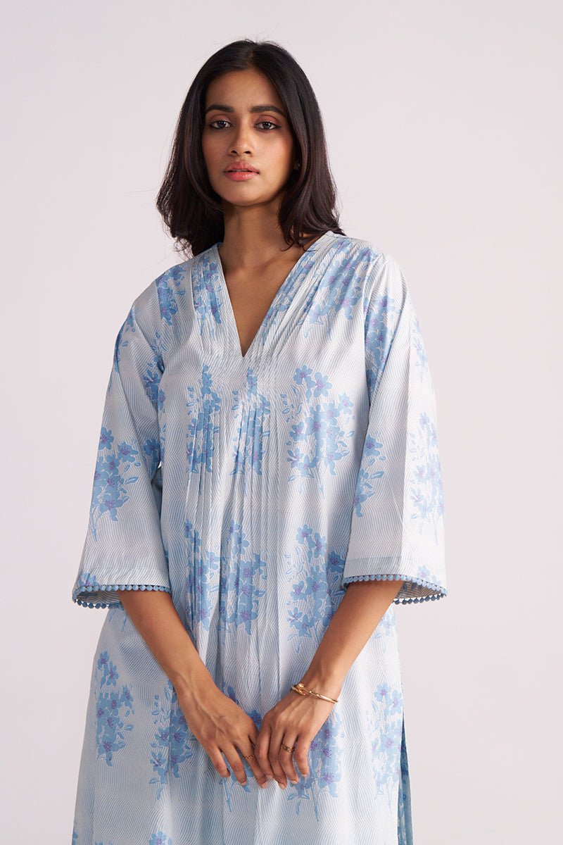 Cream and Dusty Blue Hand-Print Cotton Co-ord Set