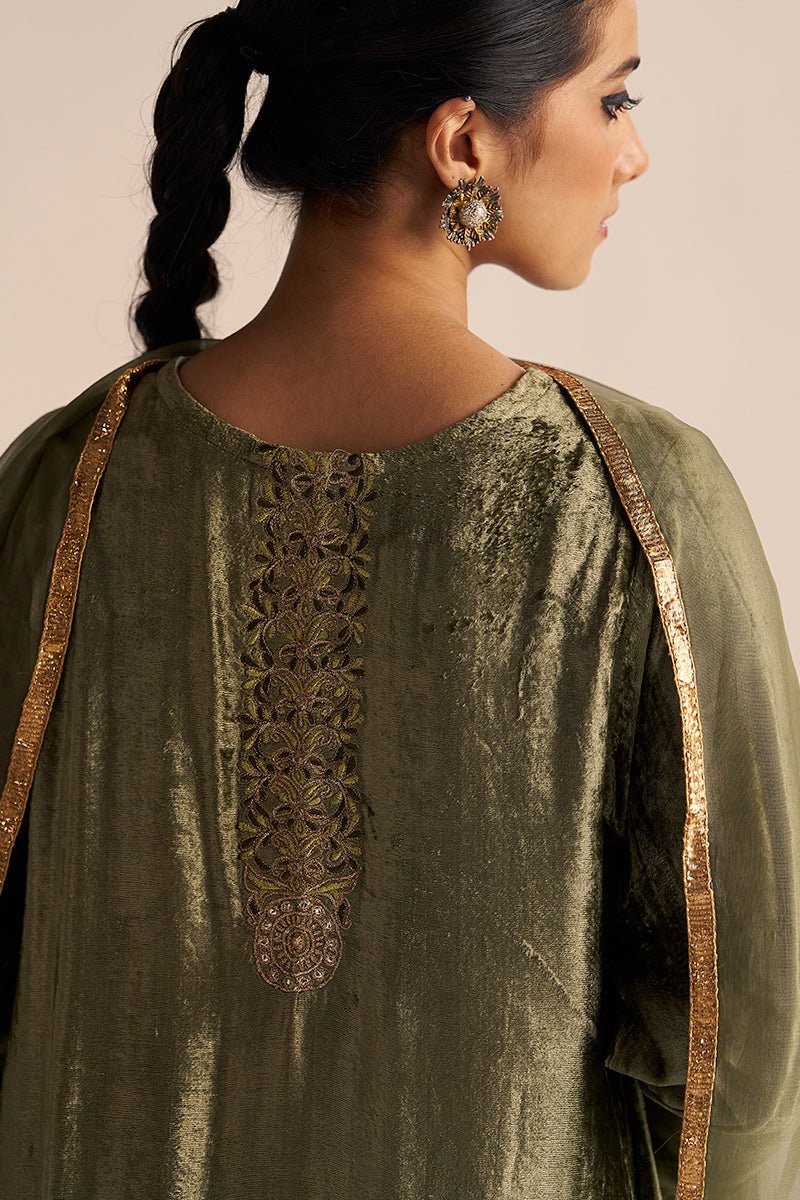 Deep Lichen Green Velvet Festive Kurta Set