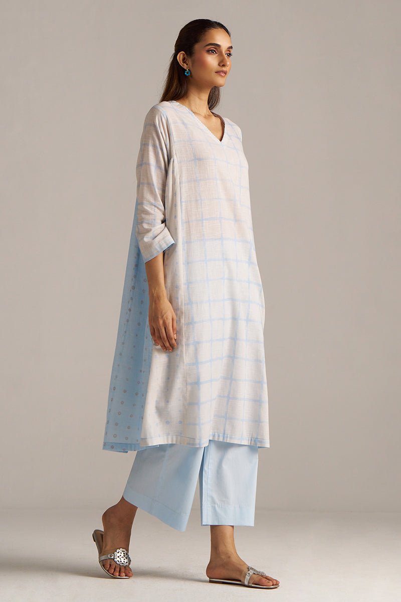 Baby Blue and Off-White Check Print Linen Co-ord Set