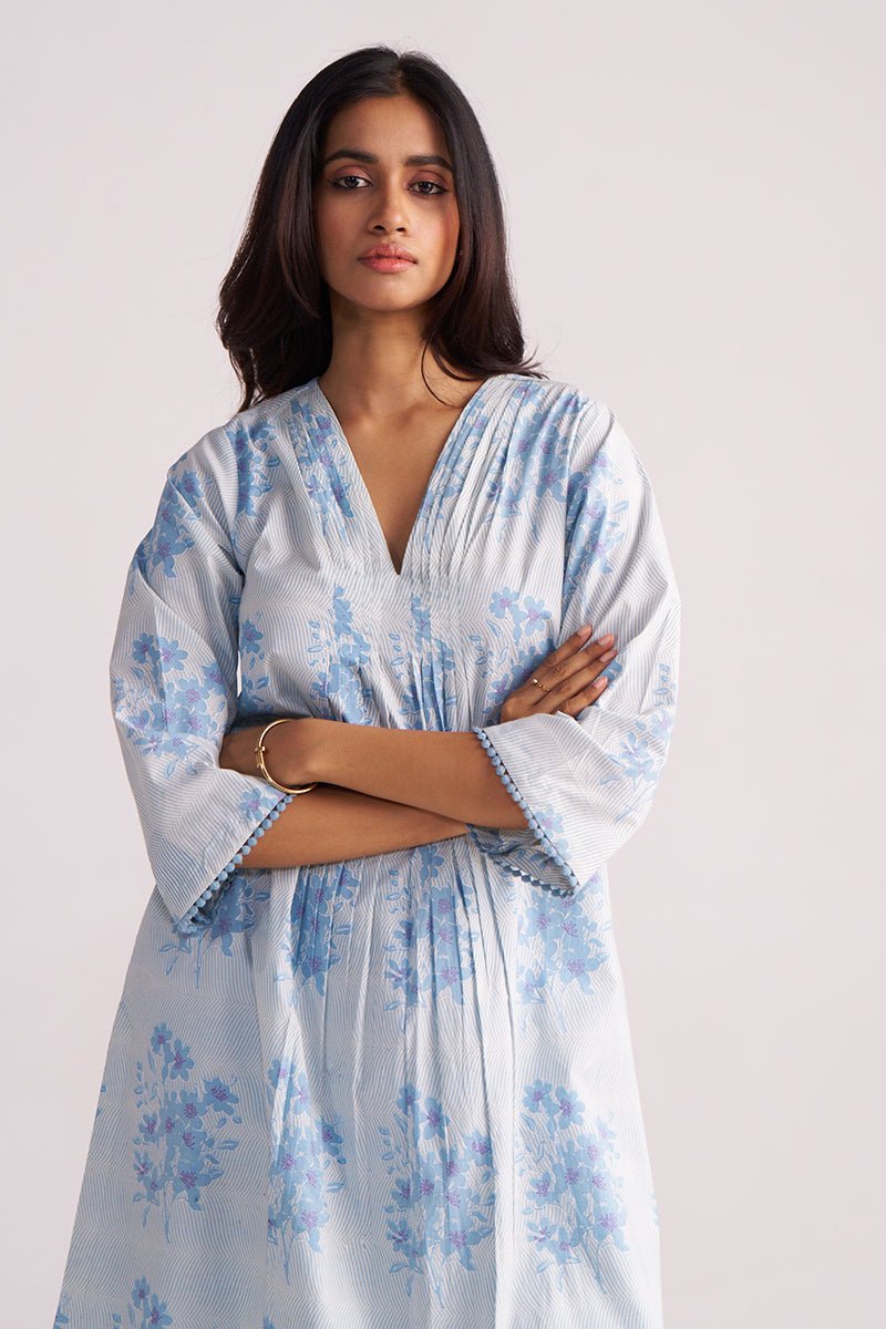 Cream and Dusty Blue Hand-Print Cotton Co-ord Set