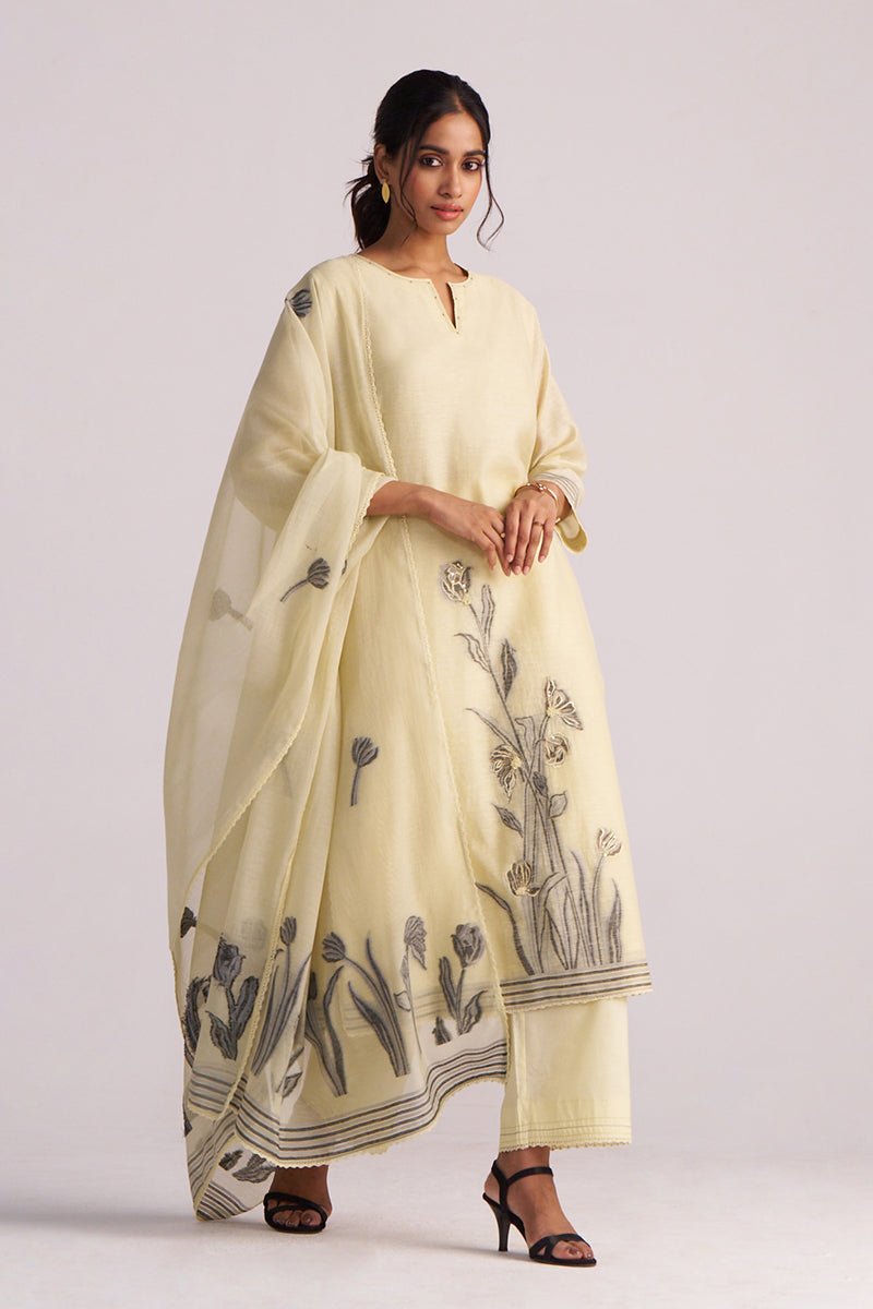 Butter Yellow Chanderi Woven Kurta Set