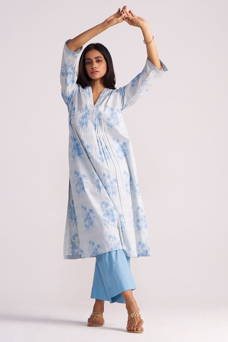 Cream and Dusty Blue Hand-Print Cotton Co-ord Set