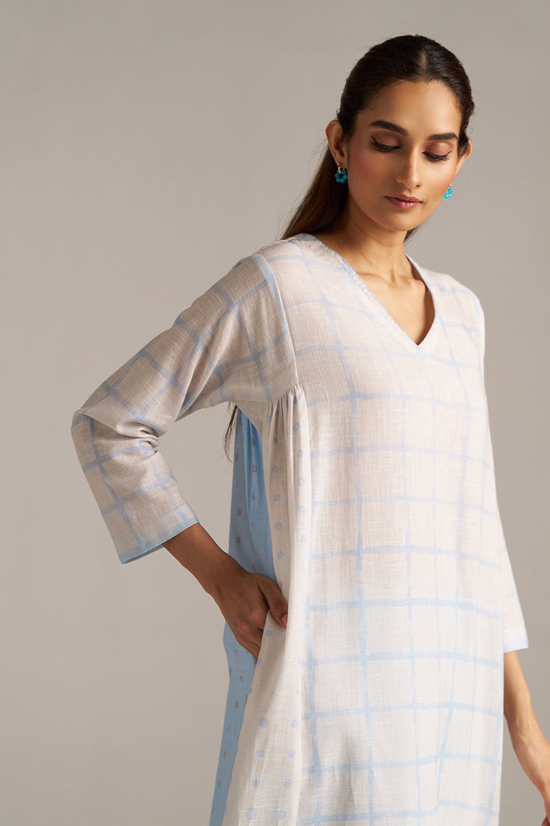 Baby Blue and Off-White Check Print Linen Co-ord Set