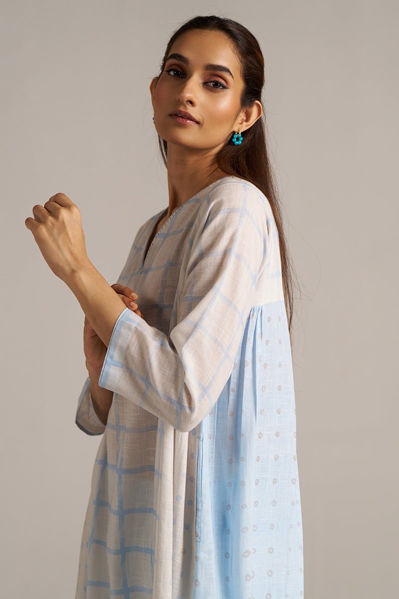 Baby Blue and Off-White Check Print Linen Co-ord Set