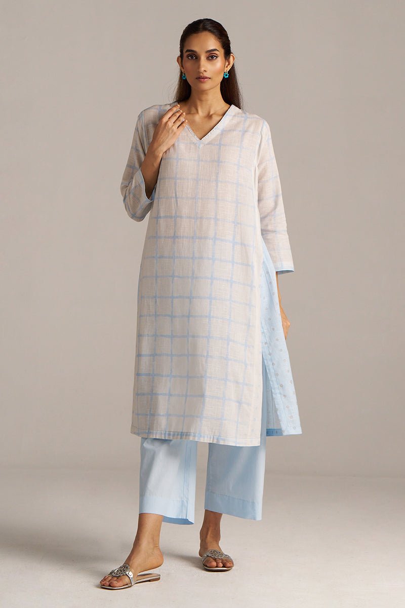 Baby Blue and Off-White Check Print Linen Co-ord Set
