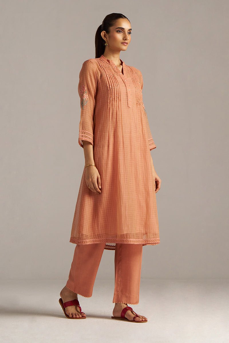 Canyon Clay Woven Chanderi Checks Co-ord Set