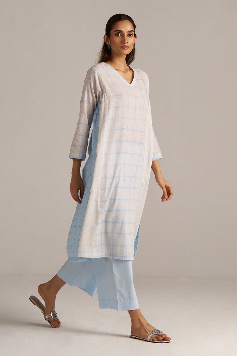 Baby Blue and Off-White Check Print Linen Co-ord Set