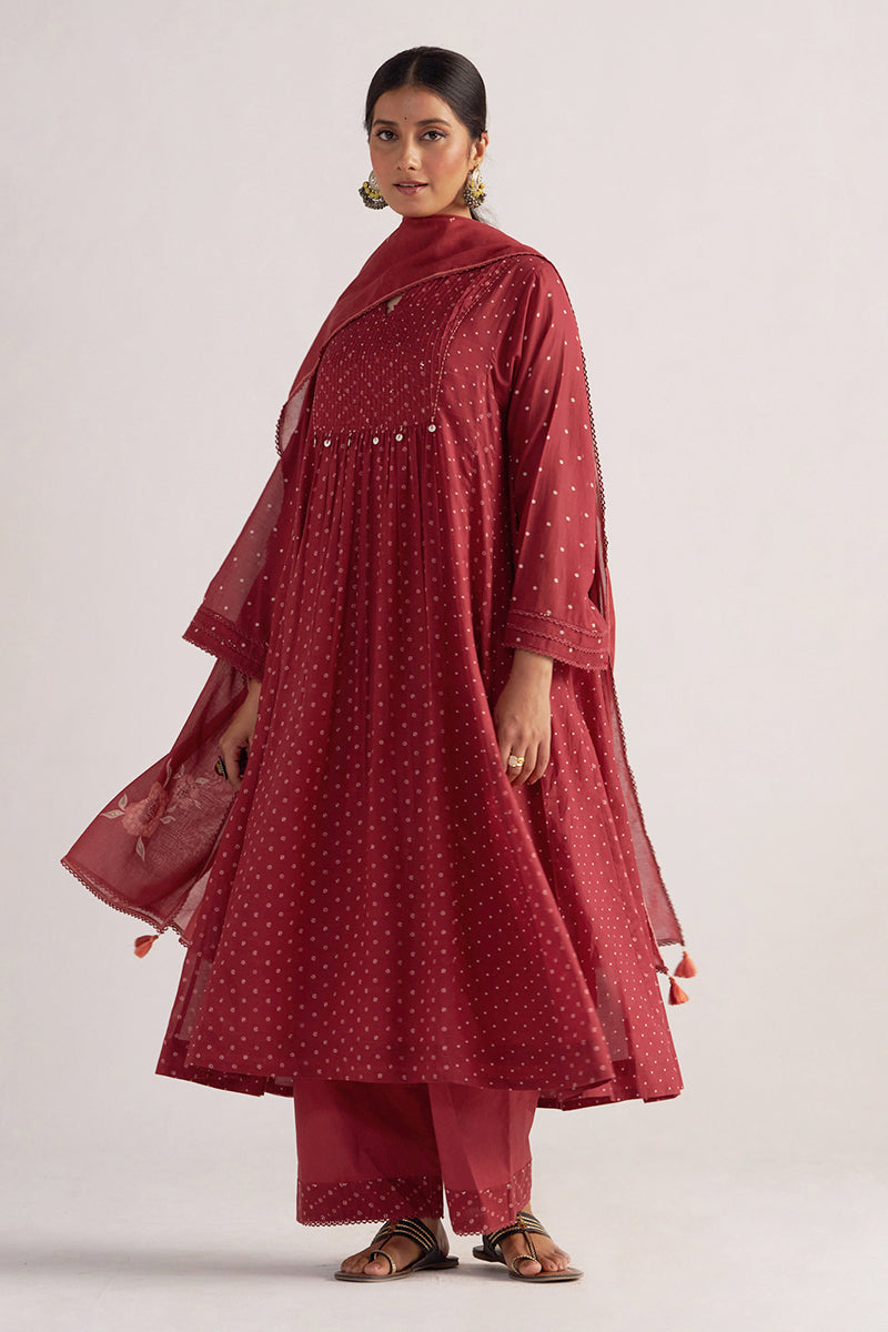 Garnet Red Bandhani Print Mul Chanderi Kurta Set