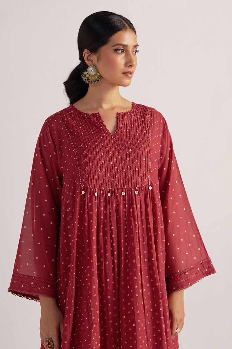Garnet Red Bandhani Print Mul Chanderi Kurta Set