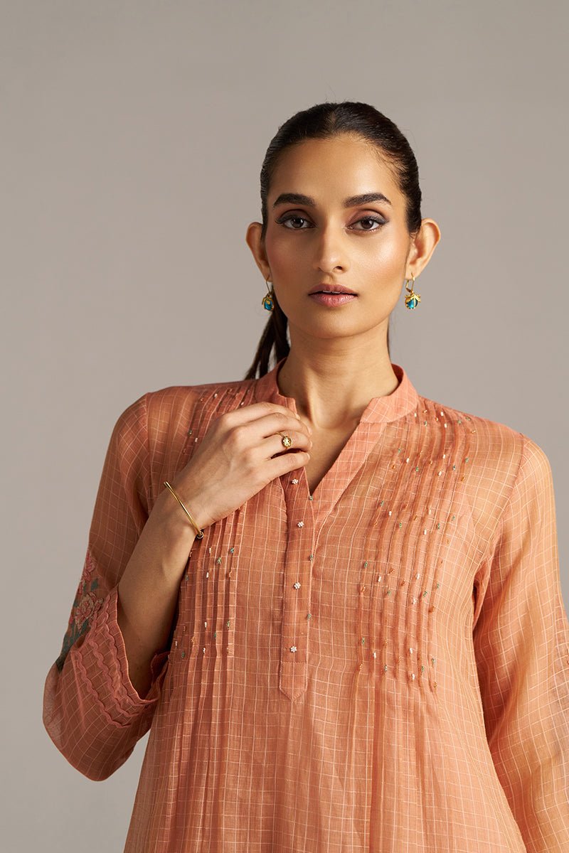 Canyon Clay Woven Chanderi Checks Co-ord Set