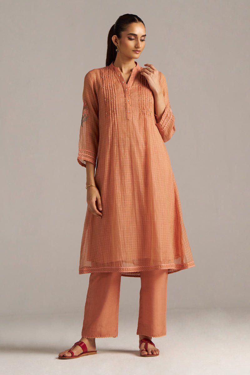 Canyon Clay Woven Chanderi Checks Co-ord Set