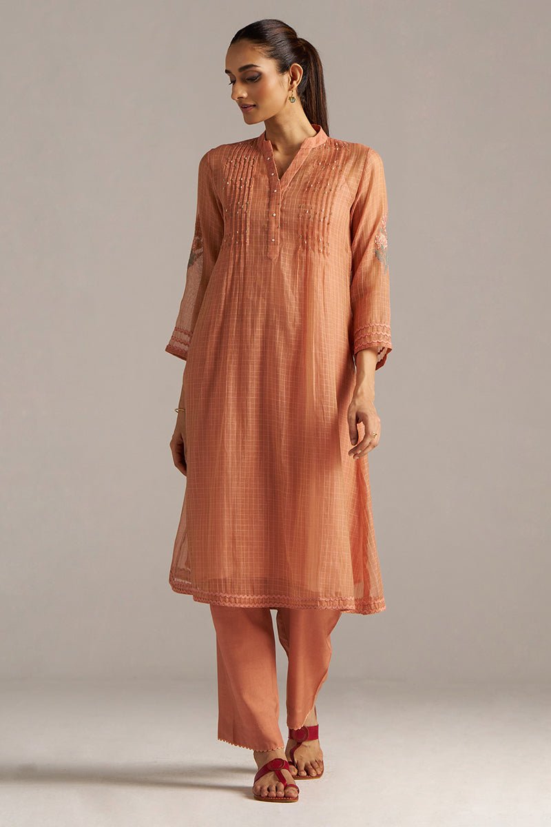 Canyon Clay Woven Chanderi Checks Co-ord Set