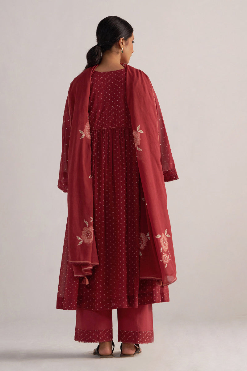Garnet Red Bandhani Print Mul Chanderi Kurta Set