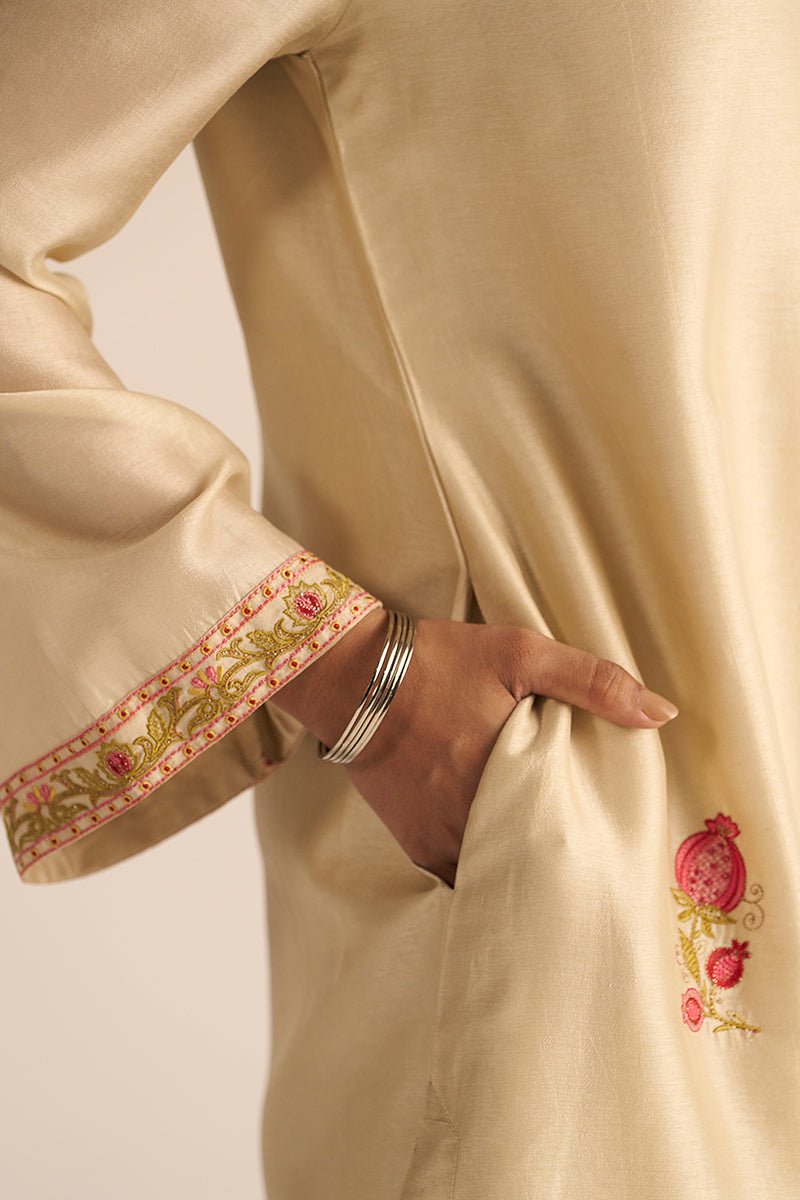 Mascarpone Cream Raw Silk Embroidered Co-ord Set