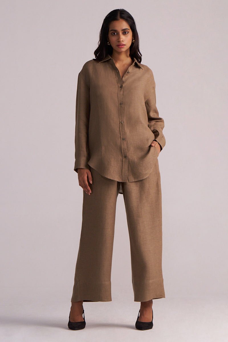 Woodsmoke Brown Pure Linen Co-ord Set
