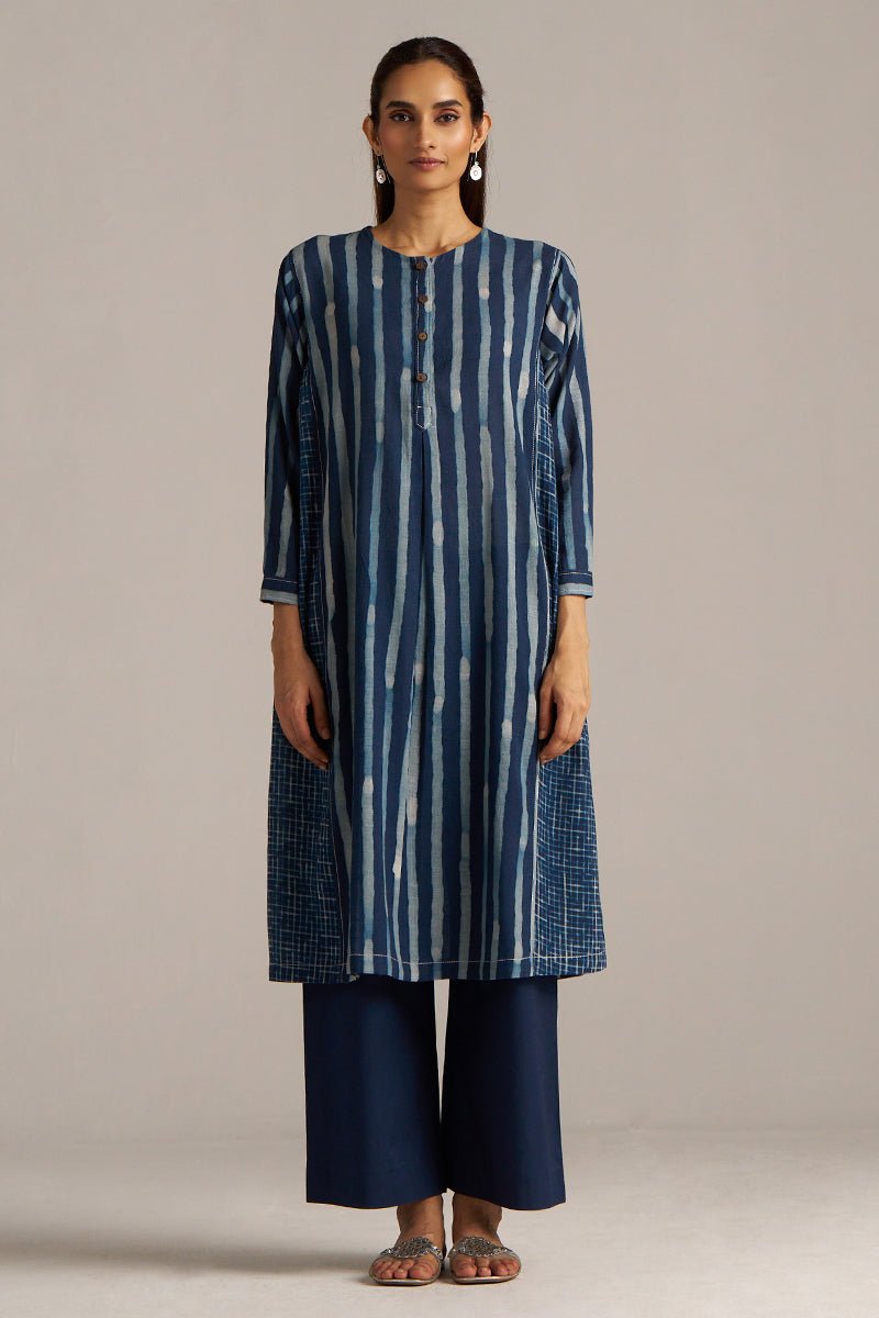 Indigo Blue Stripe and Check Print Linen Co-ord Set