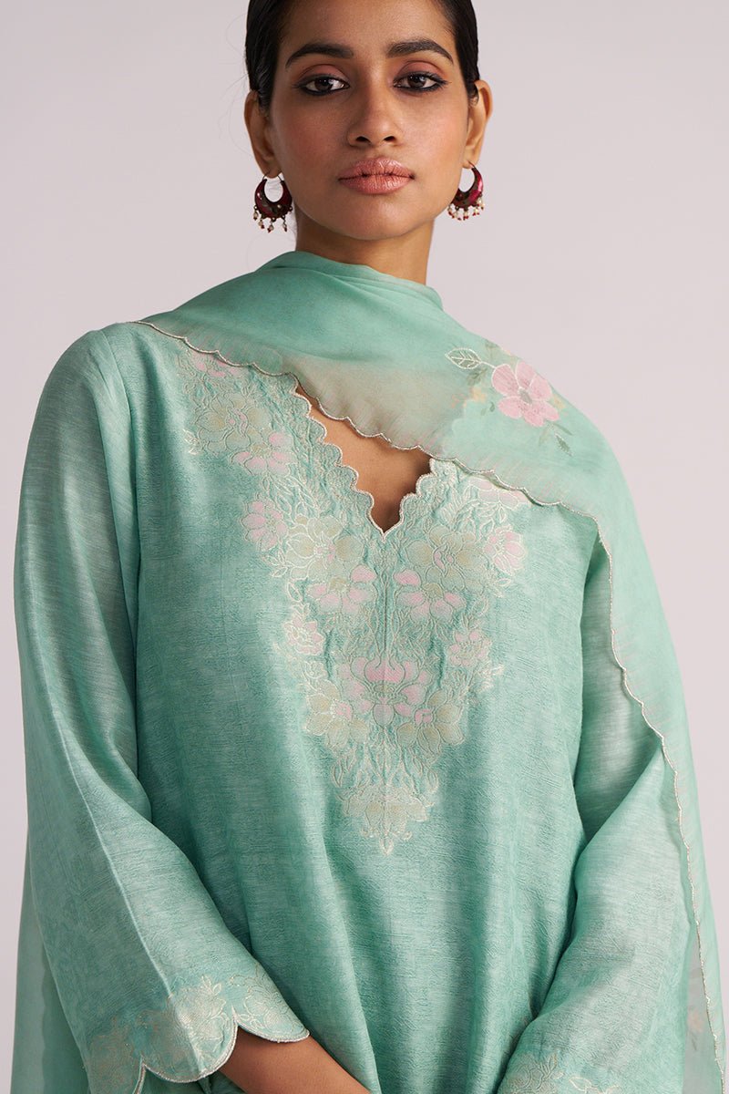 Dusty Jade Green Woven Silk Kurta Set