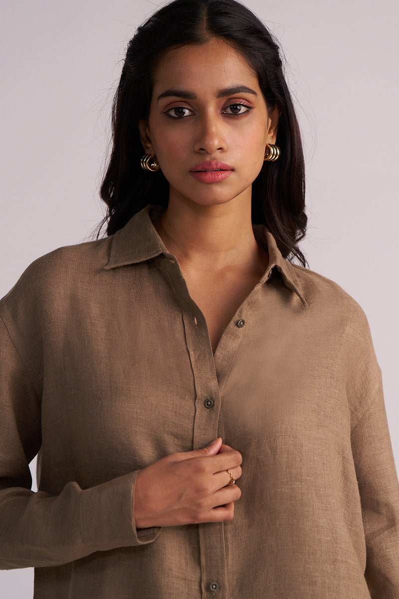 Woodsmoke Brown Pure Linen Co-ord Set