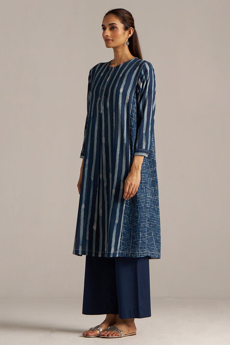 Indigo Blue Stripe and Check Print Linen Co-ord Set