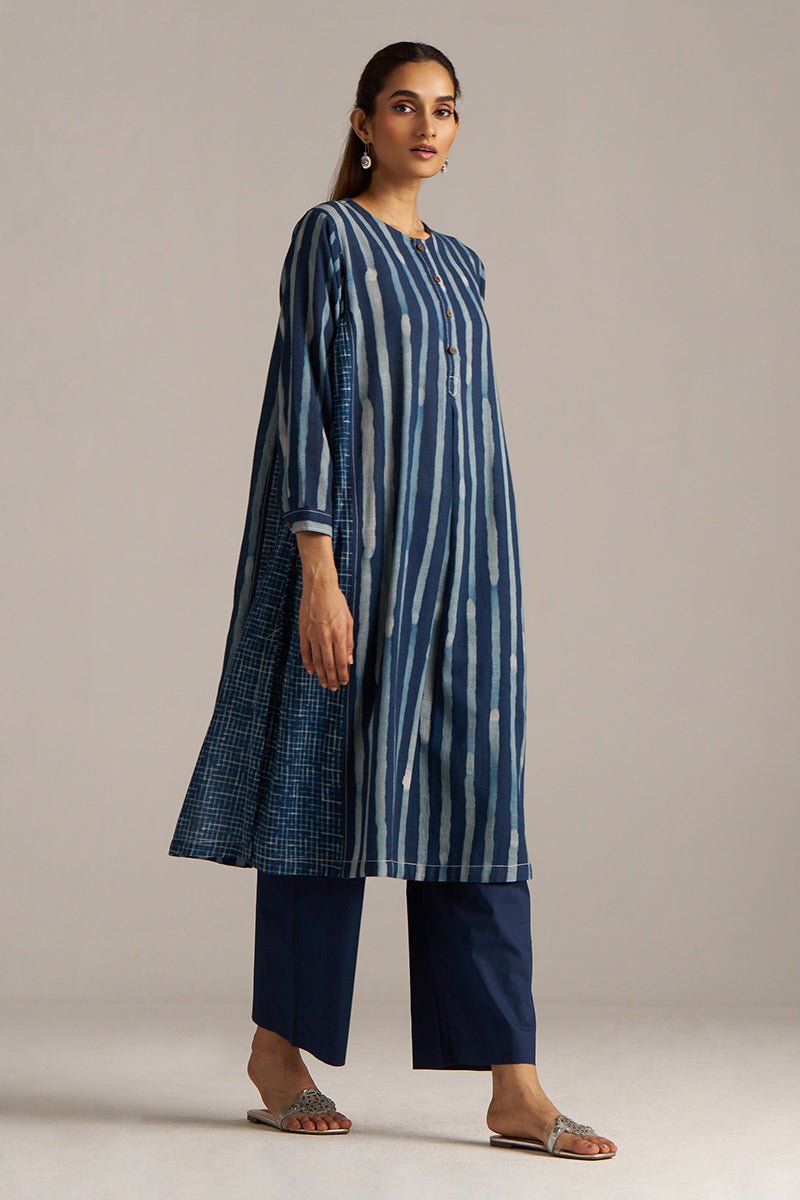 Indigo Blue Stripe and Check Print Linen Co-ord Set