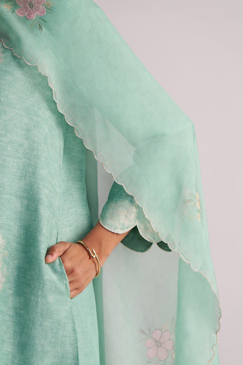 Dusty Jade Green Woven Silk Kurta Set