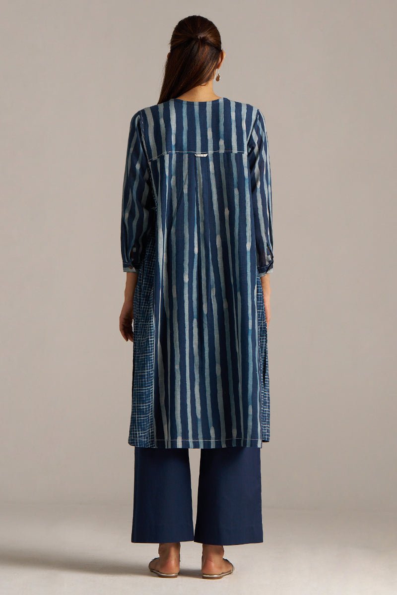 Indigo Blue Stripe and Check Print Linen Co-ord Set