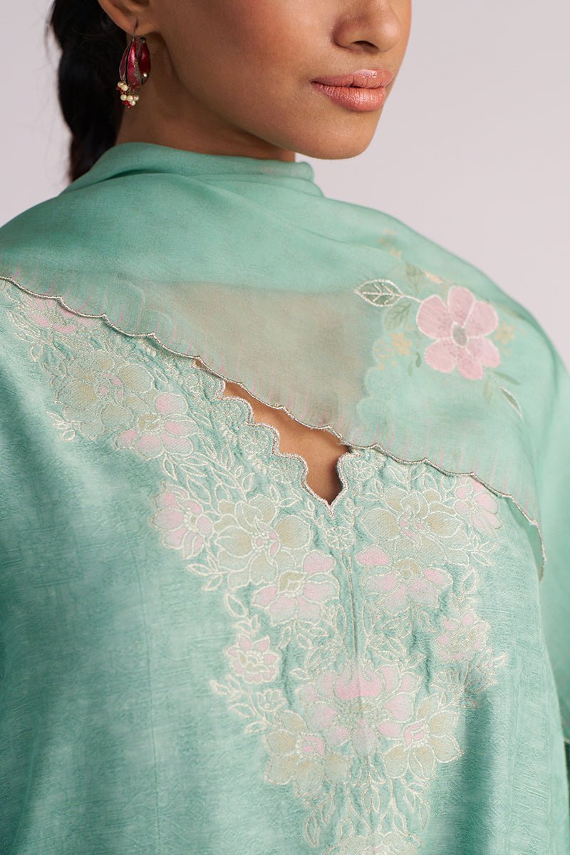 Dusty Jade Green Woven Silk Kurta Set