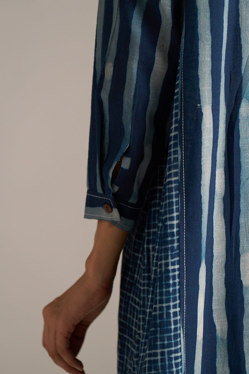 Indigo Blue Stripe and Check Print Linen Co-ord Set