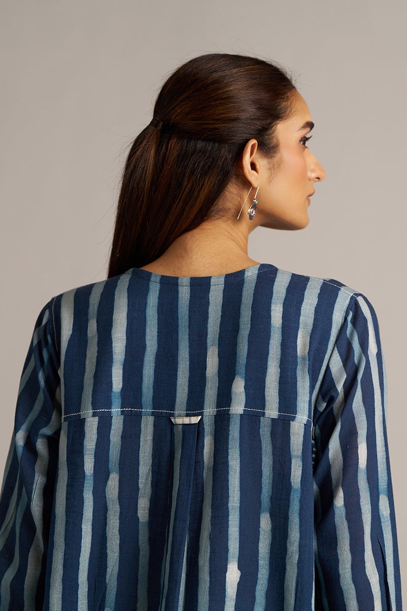 Indigo Blue Stripe and Check Print Linen Co-ord Set