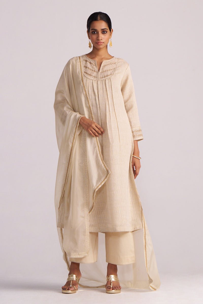 Beige Woven Kurta Set