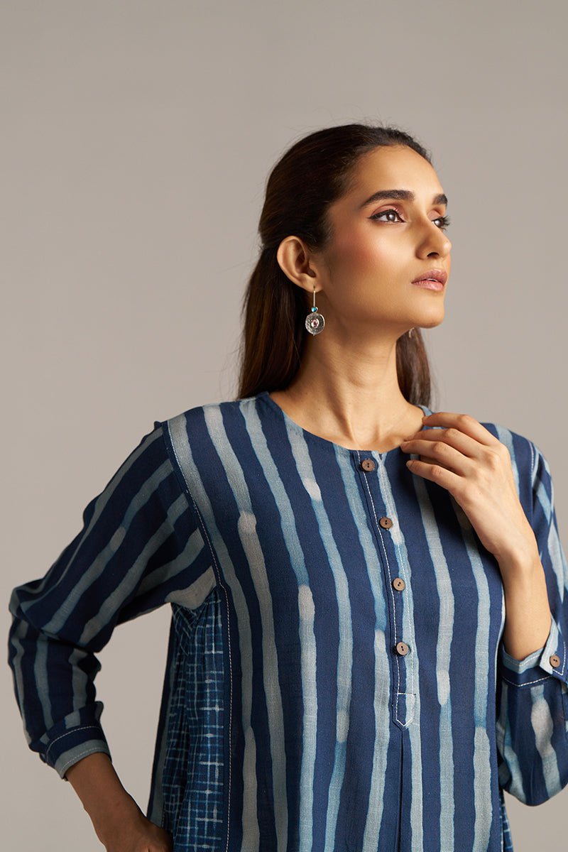 Indigo Blue Stripe and Check Print Linen Co-ord Set