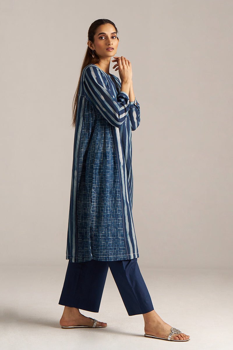 Indigo Blue Stripe and Check Print Linen Co-ord Set