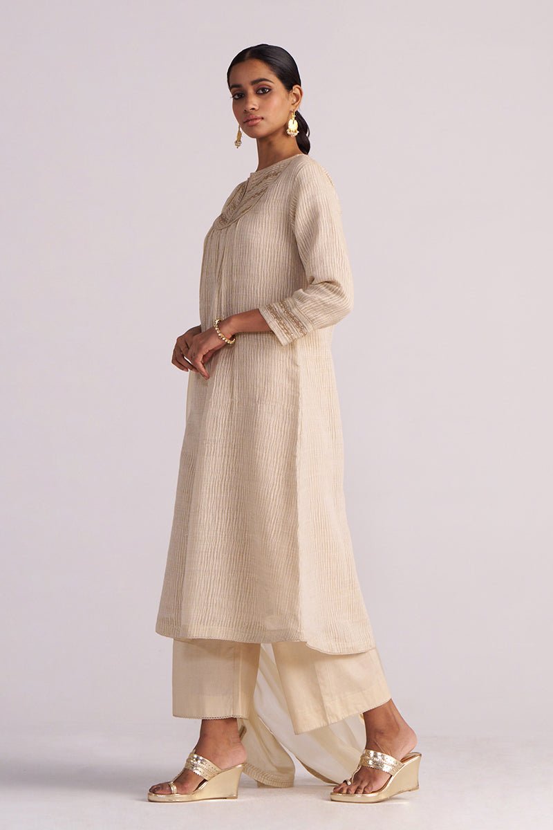Beige Woven Kurta Set