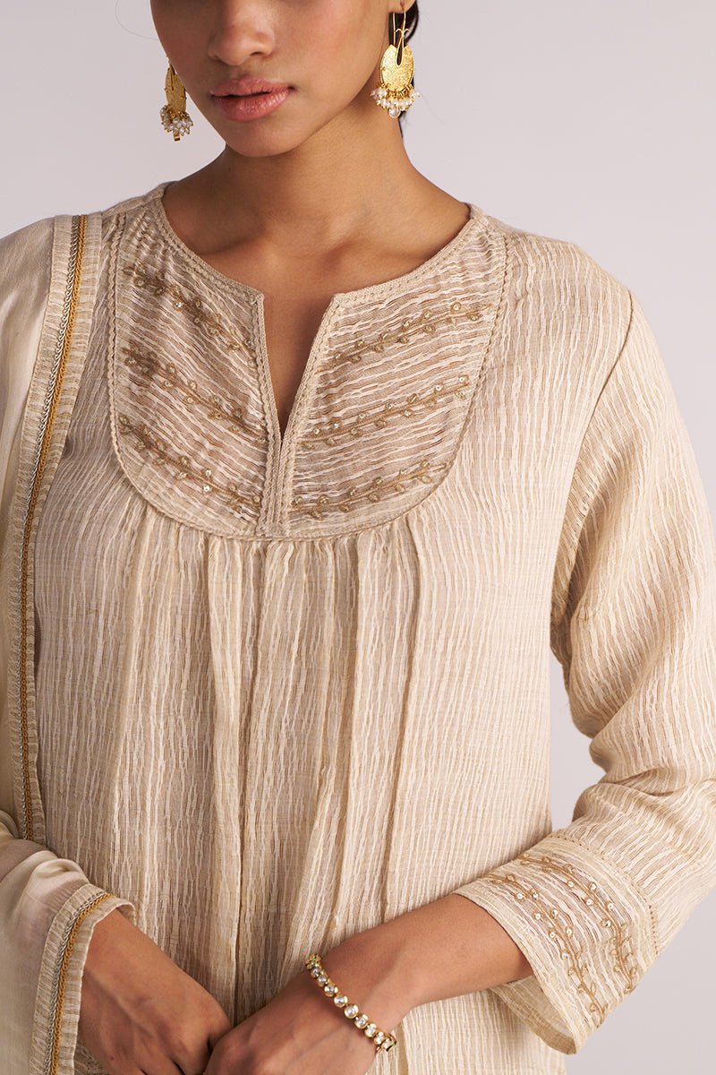 Beige Woven Kurta Set