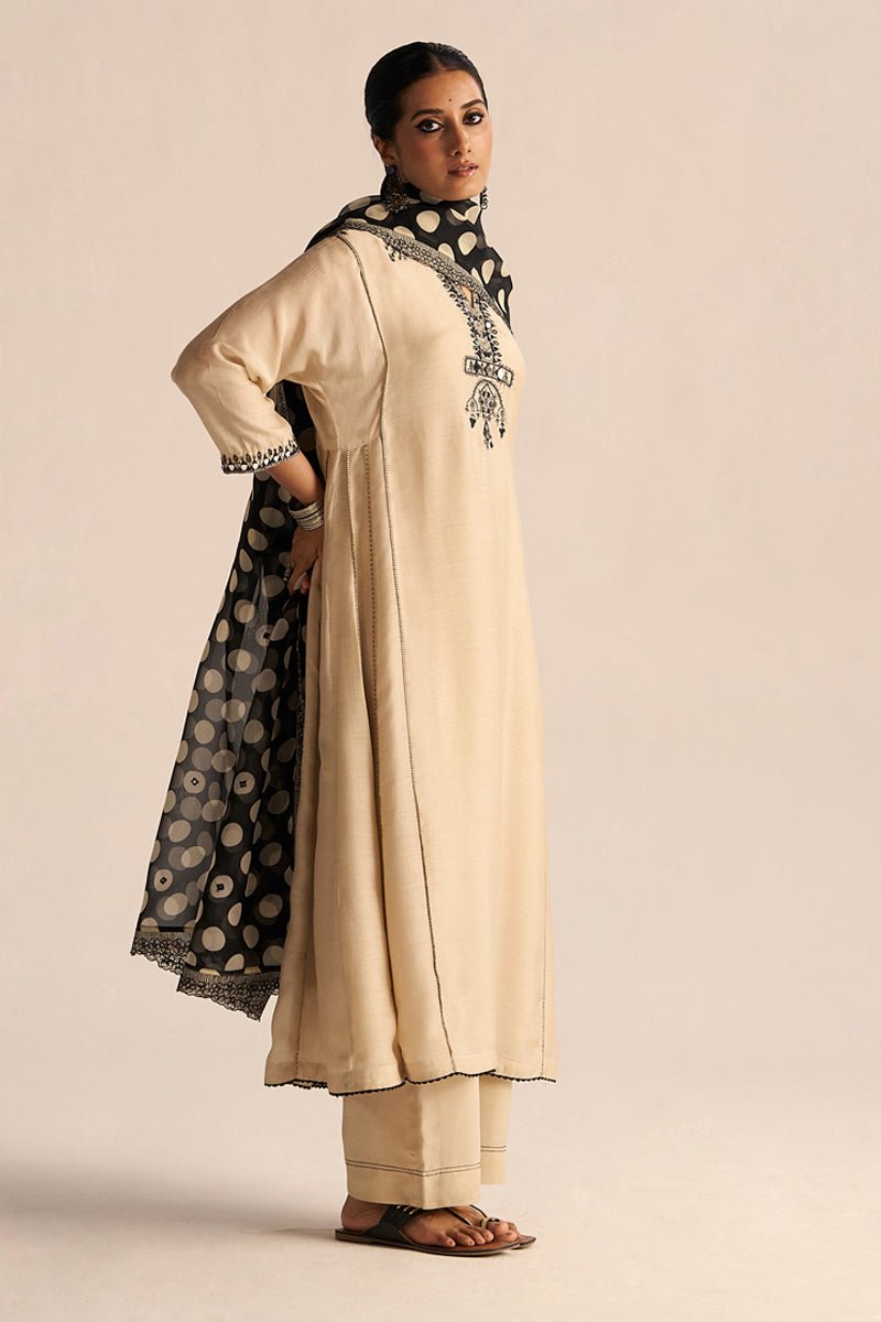 Cream and Black Kurta Set