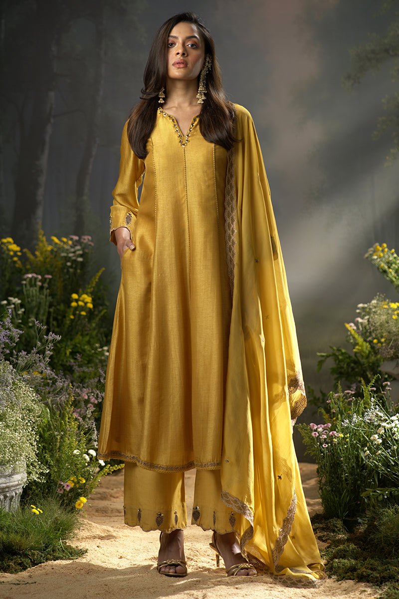 Honey Gold Raw Silk Festive Anarkali Kurta Set