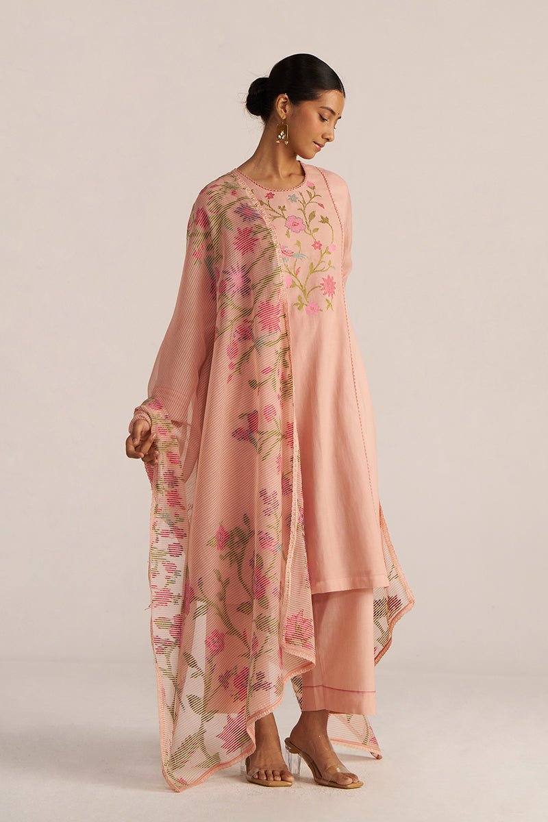 Pale Blush Embroidered and Woven Kurta Set
