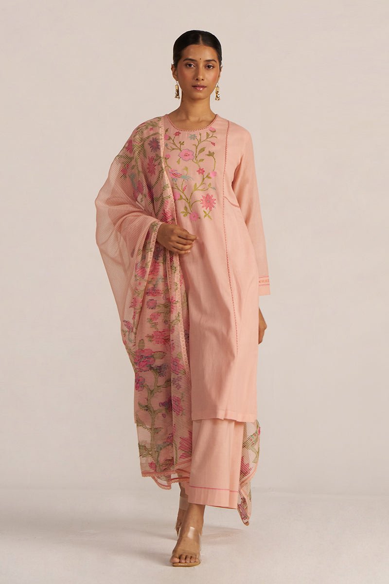 Pale Blush Embroidered and Woven Kurta Set